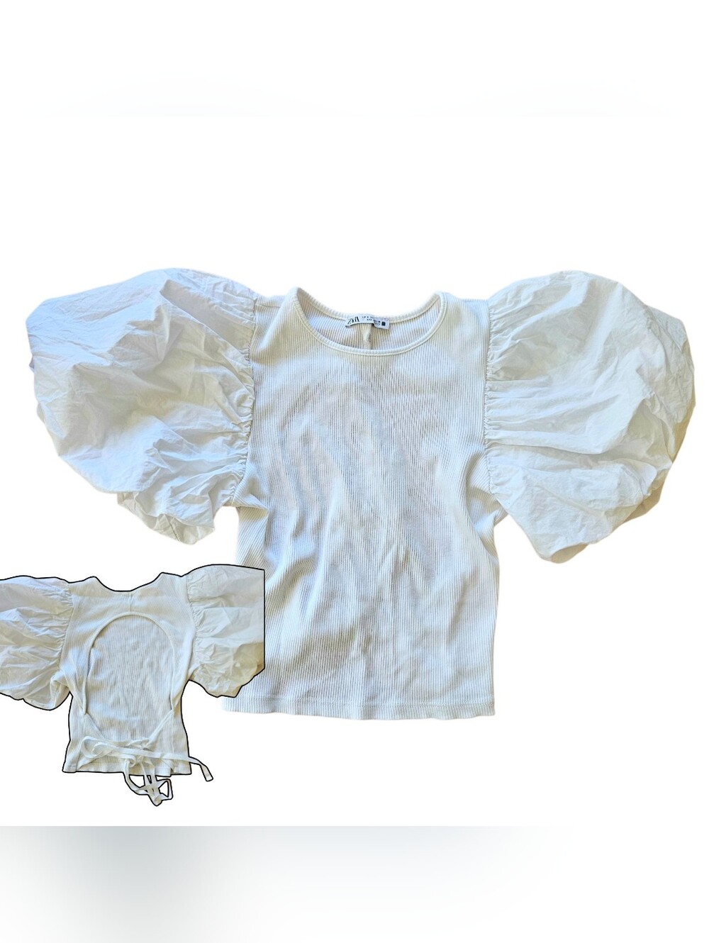 Zara Sz Small White Puff Sleevs Open Back Top